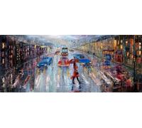 adrium Image acrylique 100 x 40 cm : impression numérique de peinture à l'huile peinte représentant une belle jeune femme rouge qui traverse la rue de la ville avec un parapluie rouge