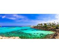 adrium Poster 160 x 70 cm : belle plage de l'île de Chypre, vue de la mer, palmiers et rochers, protaras, baie de figuiers (101399590)