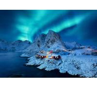 adrium Tableau acrylique 90 x 60 cm : Aurora Borealis, Lofoten, Norvège, vue des maisons du village de Hamnoy, Lofoten, Norvège. Vue emblématique en Norvège. (178993022)