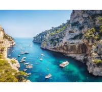 adrium Tableau composite en aluminium 110 x 80 cm : yachts en bord de mer en France, vue aérienne d'un bateau flottant de luxe sur une eau turquoise transparente (121113452)