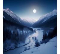 adrium Tableau composite en aluminium 30 x 30 cm : paysage de montagne avec rivière et forêt la nuit dans la pleine lune (202244656)