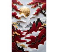 adrium Tableau composite en aluminium 30 x 50 cm : des œuvres d'art vivantes montrent des montagnes dramatiques avec des rivières qui coulent flanquées d'arbres. Une grande feuille d'or (243102471)