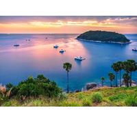 adrium Tableau composite en aluminium 60 x 40 cm : vue panoramique sur la mer au coucher du soleil, petite île, paumes et bateaux dans des objectifs fisheye Fond naturel (37825284)