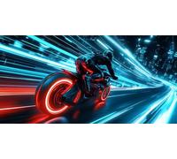 adrium Tableau composite en aluminium 80 x 40 cm : un conducteur accélère une moto futuriste la nuit grâce à un paysage urbain vivant et lumineux au néon. Motion Blur (243502648)
