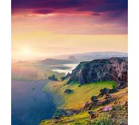 adrium Tableau en aluminium composite 50 x 50 cm : vue colorée du soir depuis la péninsule de Dyrholaey. Impressionnant soleil d'été dans le sud de l'Islande, emplacement de Vic Village, Europe