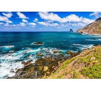 adrium Tableau en aluminium composite 90 x 60 cm : côte ou côte de l'océan Atlantique avec montagne verte ou rochers et ciel bleu avec nuages et horizon à Tenerife (40675979)
