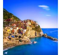 adrium Tableau en bois 50 x 50 cm : Village de Manarola sur les cliffs et les mers au coucher du soleil Format carré Longue exposition (33278770)