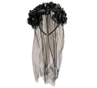 Adult Halloween Zombie Bride Black Veil With Flowers Fancy Dress Accessory