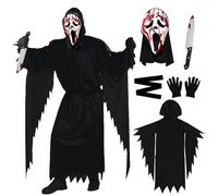 Adult Scream Ghost Face Costume, Déguisement Halloween Scream avec Sanglant Plastique Jouet Couteau et Masque Halloween Scream, Ceinture, Gants, Scream Fancy Dress Costume pour Carnaval, Cosplay