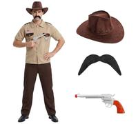 Adult Stranger Ensemble d'accessoires de costume de chef des années 80 - Petit chapeau de style cowboy marron, moustache noire épaisse et tireur de jouets argentés - Déguisement de shérif rétro pour