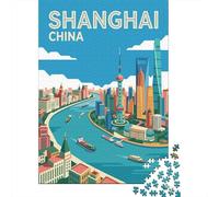 Adulte avec avec Shanghai Skyline Poster Puzzle en Bois, 1000 pièces