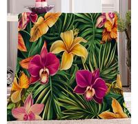 Adulte et Enfant Couverture Plaid Flanelle Plantes Tropicales Motifs Floraux Orchidées Vert Couverture de Jeté, Polaire Moelleuse Chaudes Légères Hiver&Automne Couvertures pour Voyager, 200x220 cm