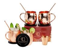 Advanced Mixology Mule science Moscow Mule Tasses Cuivre - Ensemble de 4 - HANDCRAFTED - Set solide pur cuivre Tasses 16 oz Cadeau avec Cocktail cuivre Pailles, Sous-verres et verre Shot!