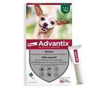 Advantix Antiparasitaire et répulsif pour chien 1,5–4 kg – 4 pipettes – Puces, tiques, moustiques