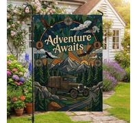 Adventure Awaits Drapeau de jardin vintage avec citation en anglais | Art du vitrail, drapeau de pelouse, paysage de montagne, aigle planant, motifs boussole, thème aventure en plein air