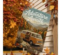 Adventure Awaits Drapeau de maison d'automne avec citation en anglais | Paysage de montagne, drapeau de cour, thème de voyage, feuillage d'automne, voyage rustique, décoration extérieure