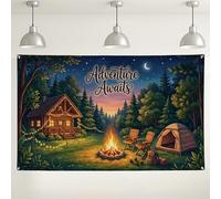 Adventure Awaits Toile de fond de camping, décoration de scène de tente de forêt rustique, arrière-plan photo d'extérieur confortable pour fêtes et rassemblements, 180 x 109 cm
