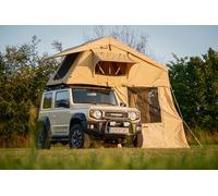 AdventureMate140 Tente de toit de voiture 140 x 240 cm avec entrée couverte ; avec auvent réglable en hauteur ; matelas de 60 mm, échelle télescopique, tapis anti-condensation ; tente de toit