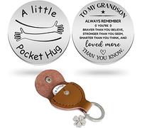Advivio Jeton de poche en acier inoxydable gravé double face avec message gravé et porte-clés en cuir PU, To My Grandson, 3 x 3 cm