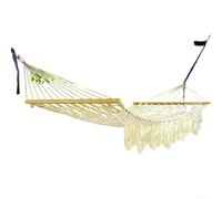 Advokingtap Lit à suspendre d'extérieur avec corde en coton doux et barres d'écartement en bois dur, blanc, taille double pour jardin ou terrasse (pompons)