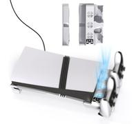 Advokingtap Support de refroidissement horizontal pour PS5 SlimPro avec système de ventilateur à 3 niveaux et chargeur double contrôleur - Design compact - Matériau ABS - Blanc