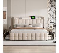 ADWOLT Lit 160x200 cm avec LED et 4 tiroirs, lit Queen 160x200 cm avec sommier à lattes et USB, lit adulte tissu en lin, beige