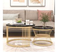 ADWOLT Lot de 2 Tables Basses Ronde - Bois Marbre et Pieds Métal - Table Basse Gigognes - Noir et Doré - Etagères de Rangement