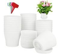 ADXCO Lot de 24 pots de fleurs en plastique de 10,2 cm avec soucoupes, pots de fleurs blancs, pots de pépinière et 24 étiquettes pour plantes d'intérieur et d'extérieur, conteneurs de jardinage, blanc