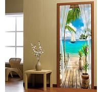 ADYNL Sticker Porte 3D Trompe l'oeil Balcon Voile Vue Mer Autocollant Poster De Porte Auto-Adhésif Vinyle Affiche De Porte Sticker Mural Chambre Salle De Bain Papier Peint Art Décor 77X200Cm