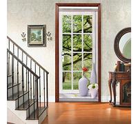 ADYNL Sticker Porte 3D Trompe L'Oeil Rebord De Fenêtre Plantes Vertes Paysage Autocollant Poster De Porte Auto-Adhésif Vinyle Affiche De Porte Sticker Mural Chambre Salle De Bain Papier Peint Art Déco
