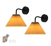 ADYOLTB Version améliorée Lot de 2 appliques murales dorées à piles sans fil avec abat-jour en tissu plissé, lampe LED à intensité variable, rechargeable par USB, applique murale noire pour intérieur,