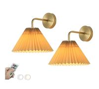 ADYOLTB Version améliorée Lot de 2 appliques murales dorées à piles sans fil avec abat-jour en tissu plissé, lampe LED à intensité variable, rechargeable par USB, applique murale noire pour intérieur,