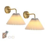 ADYOLTB Version améliorée Lot de 2 appliques murales dorées à piles sans fil avec abat-jour en tissu plissé, lampe LED à intensité variable, rechargeable par USB, applique murale noire pour intérieur,