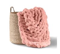 Adyrescia Jeté de lit en Grosse Maille | 100% tricoté à la Main avec Fil Chenille Jumbo (127 x 152,4 cm, Rose Coquillage Rose)