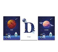 Adzif.biz Le sticker de decoration - Lot de 3 posters astronaute planètes prénom personnalisable. Affiches à personnaliser - Décoration murale chambre enfant