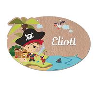 Adzif.biz Le sticker de decoration - Plaque de Porte Chambre Enfant - Pancarte en Bois Personnalisable - décoration Enfant Pirate - 2 perçages en Haut, Plexi Blanc