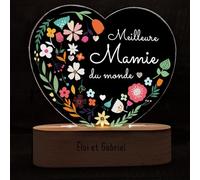 Adzif.biz Le sticker de decoration - Veilleuse Cœur Meilleure Mamie du Monde Personnalisable - Lampe LED Grand-Mère Gravée - Cadeau Fête des Mamies