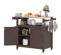 AeasyG Ile de Cuisine Outdoor HIPS Imperméable avec Plateau en Acier Inoxydable & Armoire de Rangement, Table de Préparation Mobile à roulettes pour Préparation Alimentaire BBQ, Marron