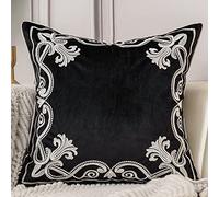 Aeckself Housse de coussin florale européenne décorative et raffinée, brodée en velours, pour canapé, chambre à coucher, salon, 40,6 x 40,6 cm, noir et blanc