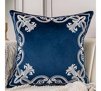 Aeckself Housse de coussin florale européenne décorative et raffinée, brodée en velours, pour canapé, chambre à coucher, salon, 40,6 x 40,6 cm, bleu marine et blanc