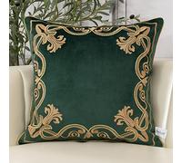 Aeckself Housse de coussin florale européenne décorative et raffinée, brodée en velours, pour canapé, chambre à coucher, salon, 40,6 x 40,6 cm, vert émeraude foncé et doré