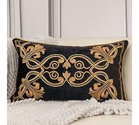 Aeckself Housse de coussin florale lombaire européenne décorative et raffinée, brodée en velours, pour canapé, chambre à coucher, salon, 30,5 x 51 cm, noir et doré