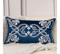 Aeckself Housse de coussin florale lombaire européenne décorative et raffinée, brodée en velours, pour canapé, chambre à coucher, salon, 30,5 x 51 cm, bleu marine et blanc