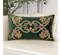 Aeckself Housse de coussin florale lombaire européenne oblongue décorative et raffinée, brodée en velours, pour canapé, chambre à coucher, salon, 30,5 x 51 cm, vert émeraude foncé et doré