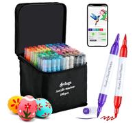 AEDAGA 100 Couleurs Feutre Acrylique avec App, Acrylic Marker Double Pointe | Pointe Pinceau & Fine | Numérotés | Séchage Rapide | Non toxique | Feutre Coloriage Adulte pour Bois, Œufs, Pierre, Verre