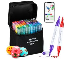 AEDAGA 80 Couleurs Feutre Acrylique avec App, Acrylic Marker Double Pointe | Pointe Pinceau & Fine | Numérotés | Séchage Rapide | Non toxique | Feutre Coloriage Adulte pour Bois, Œufs, Pierre, Verre