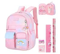 Aedcbaide Sacs d'école pour filles/garçons avec ensemble de papeterie, sac à dos pour enfants avec porte de réfrigérateur, sac à dos pour filles de 8 à 10 ans (Rose)