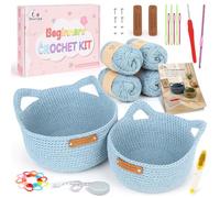 Aeelike 2 pcs Paniers Kit Crochet Debutant Complet Francais,Bleu Brouillard | Kit Crochet avec 4 Pelotes de laine, Crochet de 4,5 mm, Instructions pour Débutants et Accessoires
