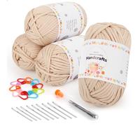 Aeelike 4X50g Laine Crochet Coton pour Crochet avec Accessoires Tricot, Chunky Pelote de Laine pour Débutants, Grosse Laine à Tricoter à la Main, Fil Crochet avec Mailles Bien Visibles, Beige