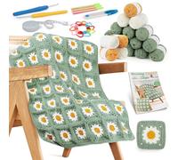 Aeelike Crochet Tricot Kit Complet Débutant, 70cm × 90cm Granny Square Couverture Kit Crochet avec 19 Laine, 3,5mm 4,0mm Crochets, Accessoires et Instructions-Marguerites Vertes